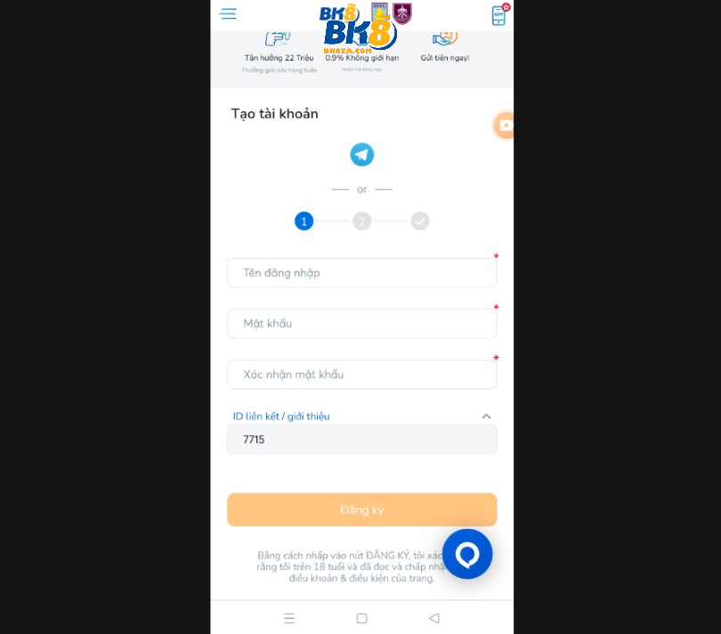 Cách đăng ký BK8 qua Mobile
